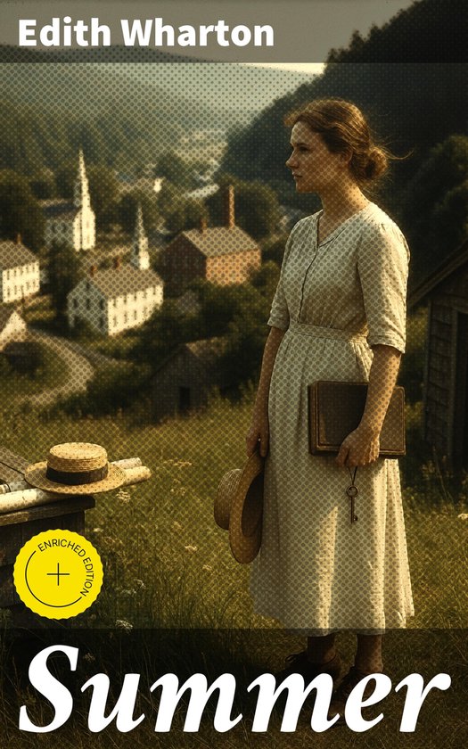 Une femme en robe à carreaux se tient sur une colline avec un livre et un chapeau, un village en arrière-plan. Edith Wharton Summer Édition enrichie.
