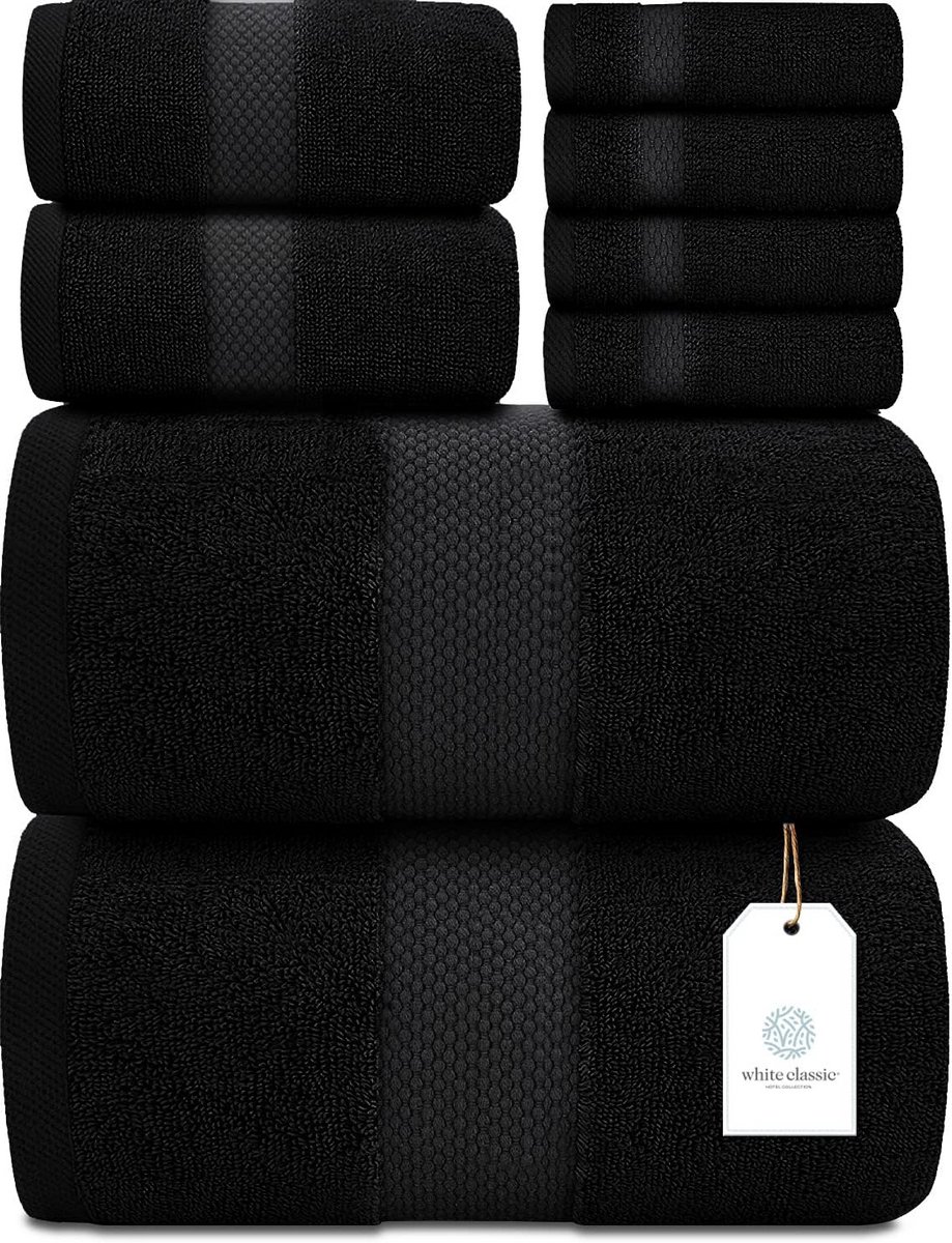 Luxe 8-Delige Handdoeken Set - 700GSM Dik Katoen Hotelkwaliteit (Zwart)