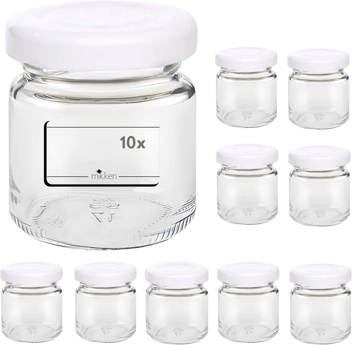 10 Kleine Inmaakpotjes van 53 ml met Witte Deksel en Etiketten voor Jam en Honing