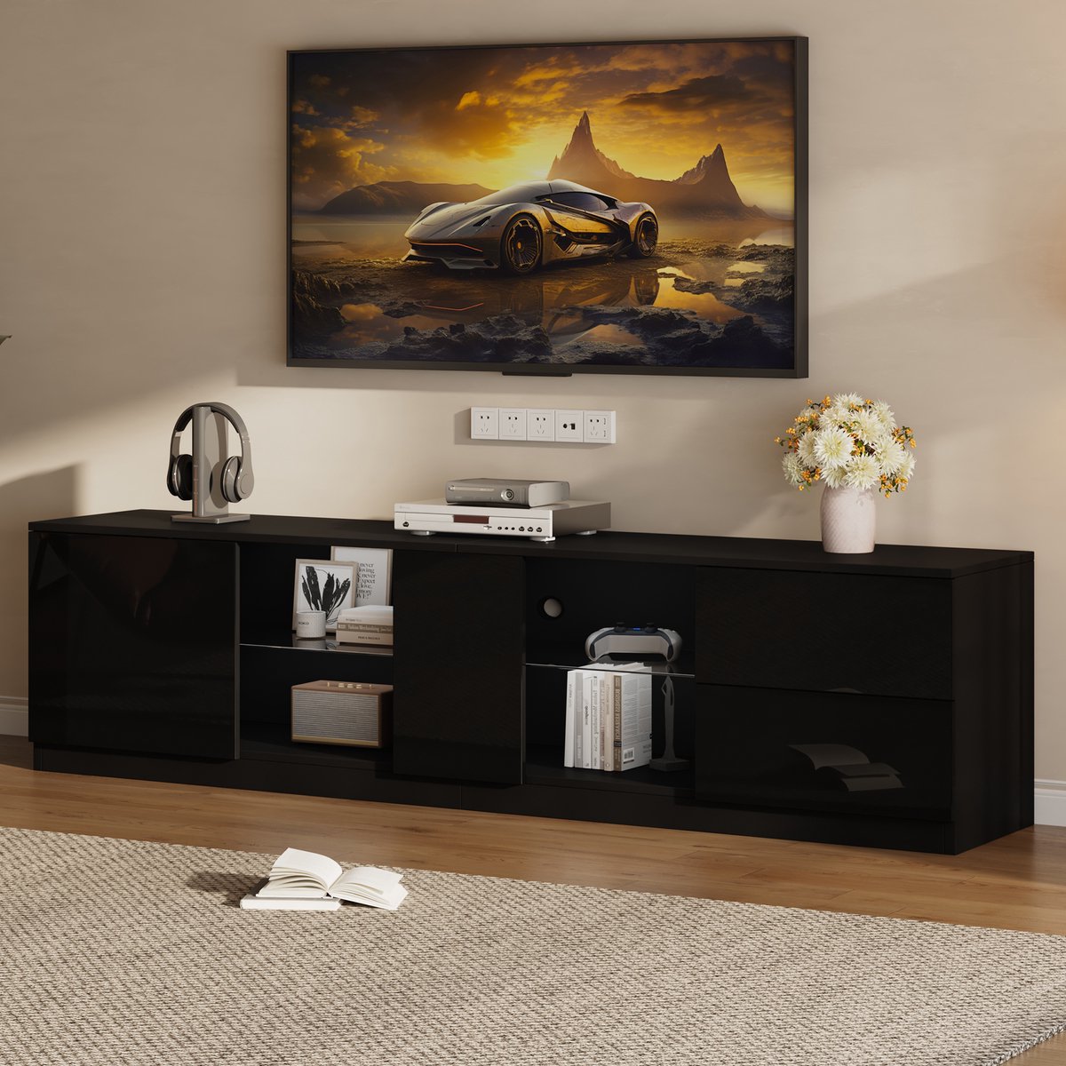 OKWISH TV-meubel – Moderne Serie – 2 lades 1 deur – Met 16-kleurige LED – Minimalistisch m