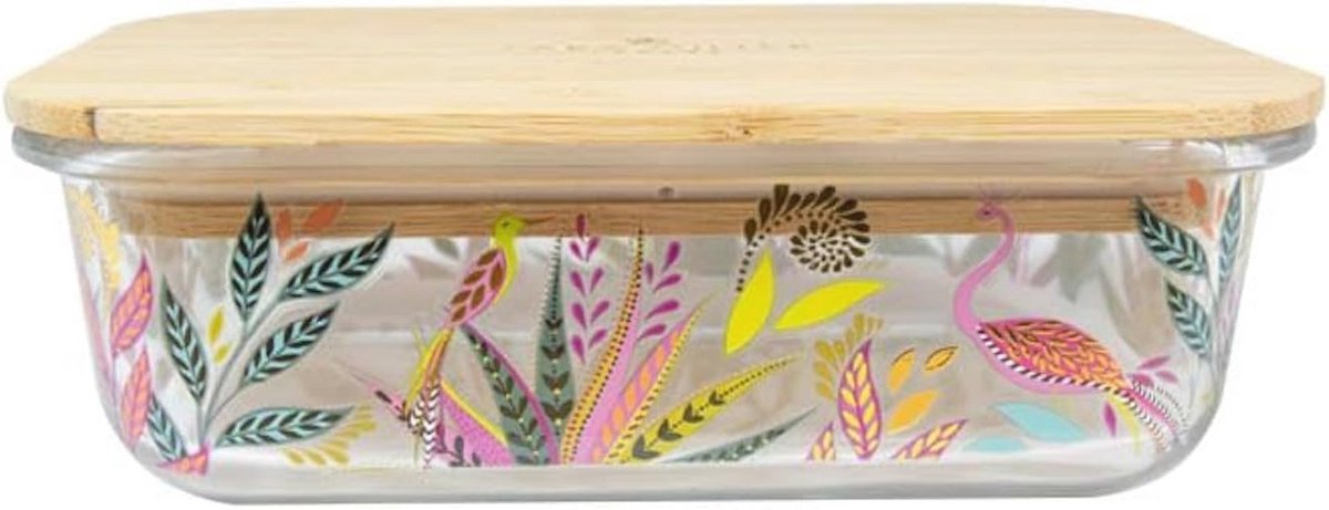 Glazen Lunchbox met Houten Deksel en Bloemenprint - 640ml