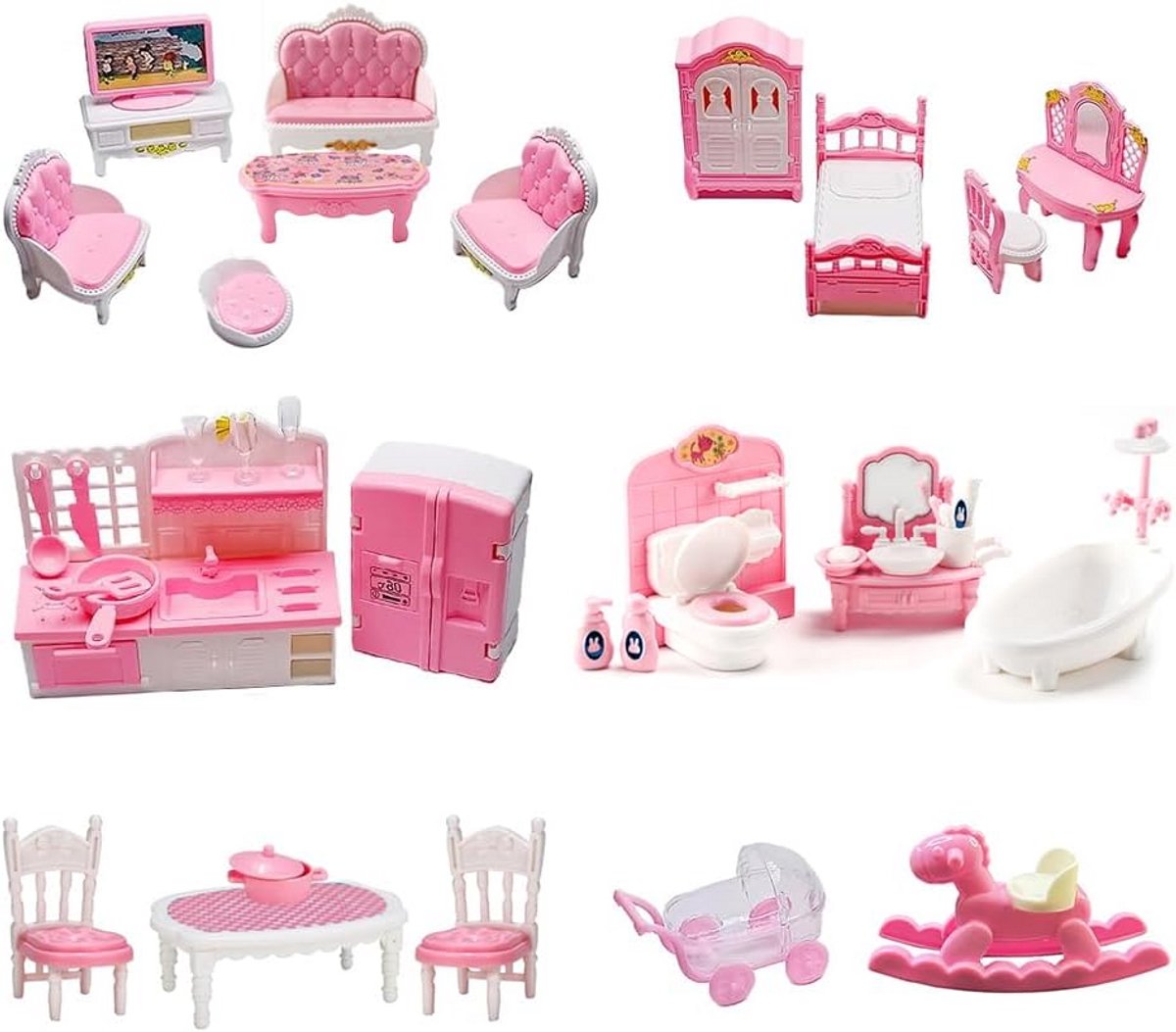 34-delige Poppenhuis Meubelset - Complete Miniatuur Accessoires voor Keuken, Woonkamer, Slaapkamer en Badkamer