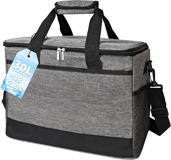 COTTARA Opvouwbare koeltas, groot, 30 l, waterdicht, 12 uur frisheid, extra sterk, geïsoleerde koeltas, opvouwbaar, koelbox, koeltas, lunchtas, thermotas, picknicktas, grijs