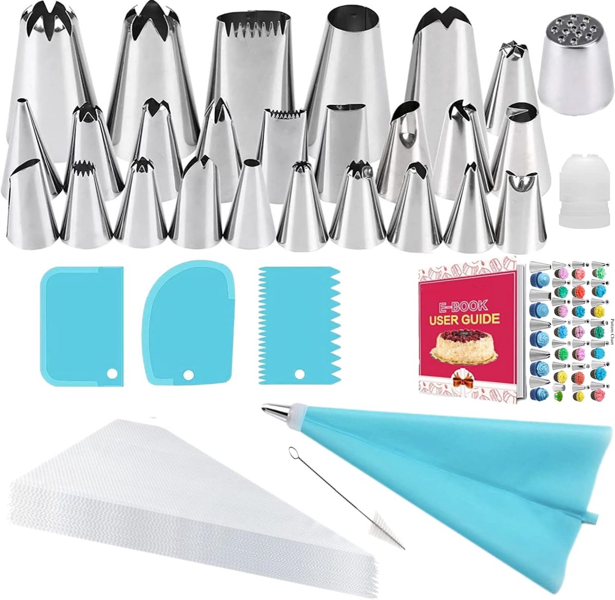 Spuitmondjes set - Cakedecoratieset - Roestvrijstalen spuitmondjes voor glazuur - Herbruikbare siliconen spuitzak - Geschikt voor taarten, cupcakes, koekjes, gebak, beginners