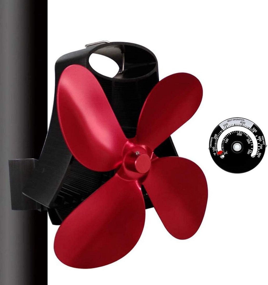 Warmte Aangedreven Kachelventilator met 4 Bladen voor Houtkachel of Open Haard - Stille Luchtcirculatie Inclusief Thermometer