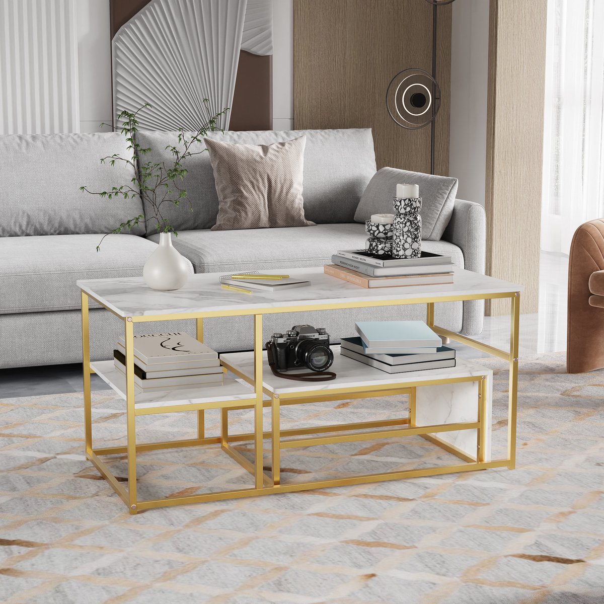 Nesttafels Set van 2 – Rechthoekige Salontafel & Bijzettafel – Met Metalen Frame en Opbergruimte – Multifunctioneel Design