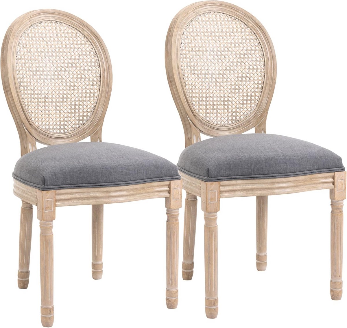 Set van 2 Eetkamerstoelen met Rotan Rugleuning - Moderne Keukenstoelen in Grijs