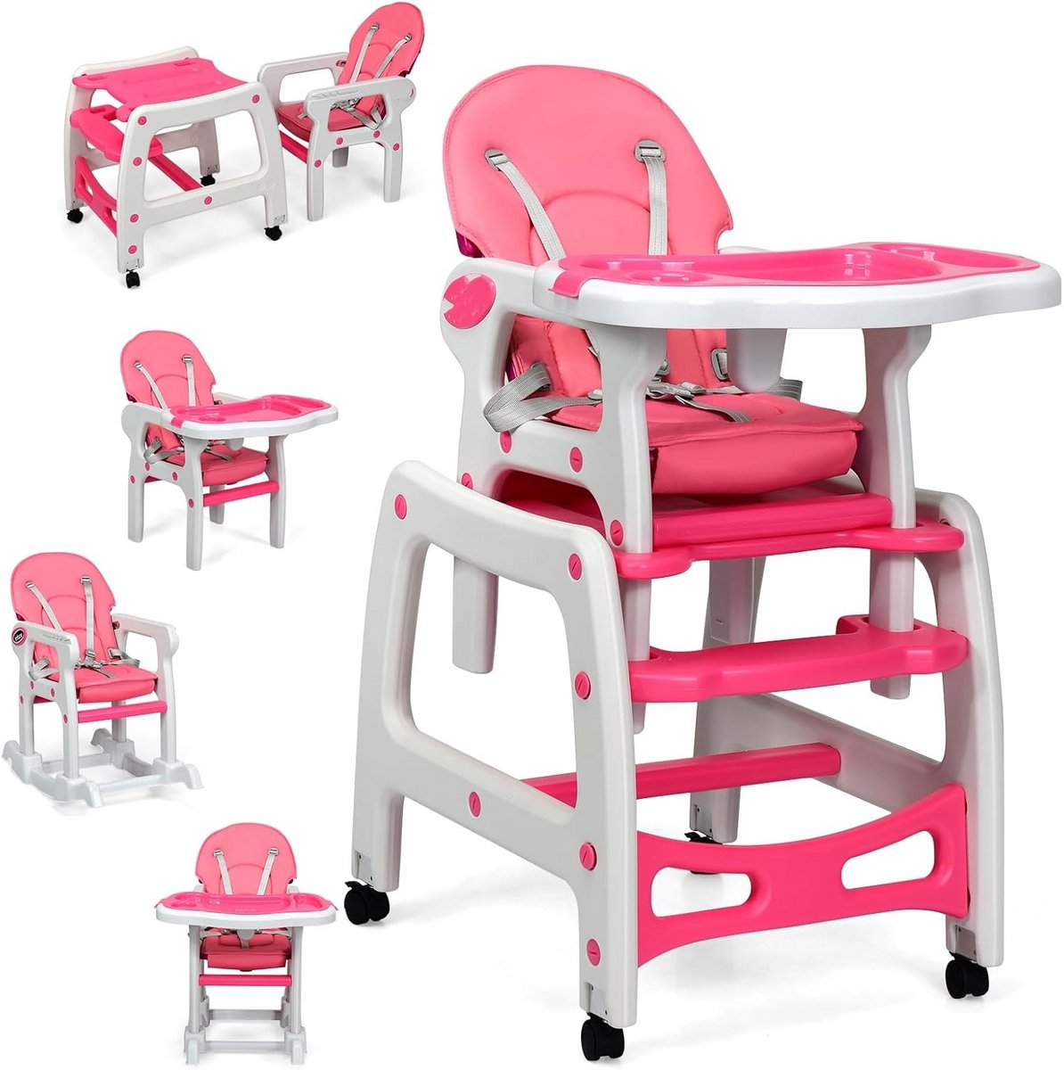 Multifunctionele Kinderstoel 5-in-1 met Schommelstand, Afneembare Dubbele Tray en Voetensteun