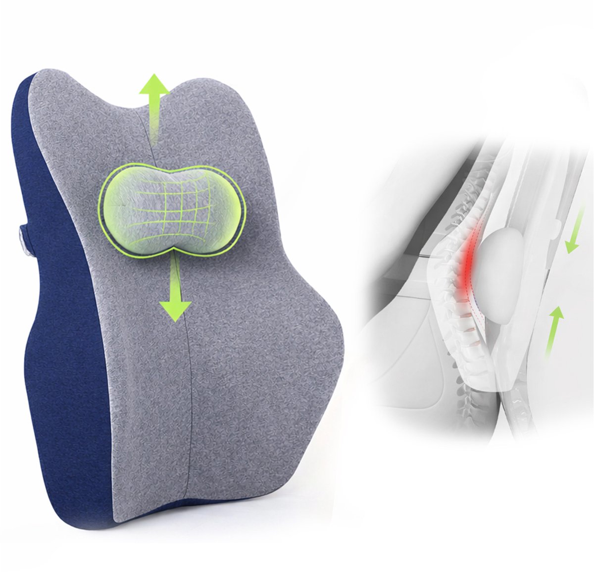 Topmelon Ergonomische Rugkussen - Verstelbaar kussen - Lendekussen Auto - Onderrug - Lees kussen - Traagschuim - Rugsteun Bed & Bank - Zit - Stoel - Steunkussen met Wasbare Hoes Donkerblauw