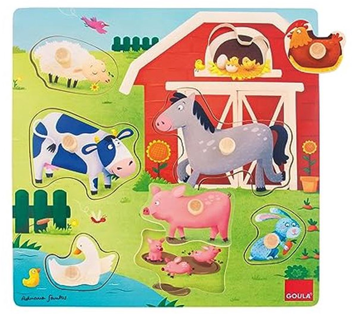 Houten puzzel boerderij met dieren moeders en kinderen - 7 delen