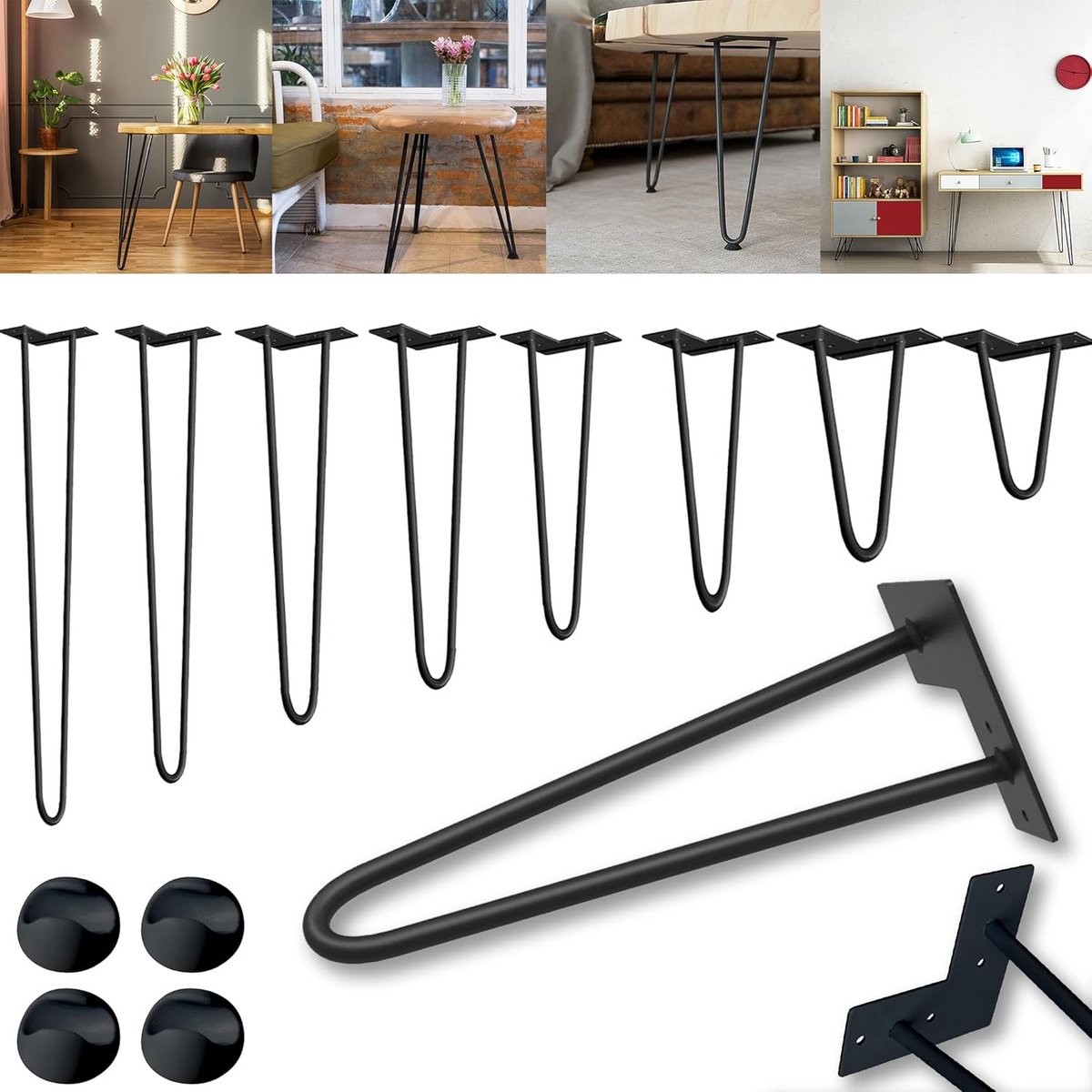 Set van 4 Zwarte Hairpin Tafelpoten 35 cm met 2 Stangen – Meubelpoten DIY