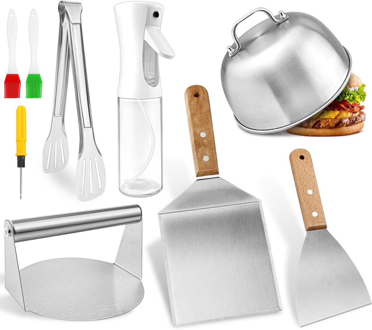 9-delige Grillspatelset RVS met Houten Handvatten - Burgerpers & Plancha Gereedschap