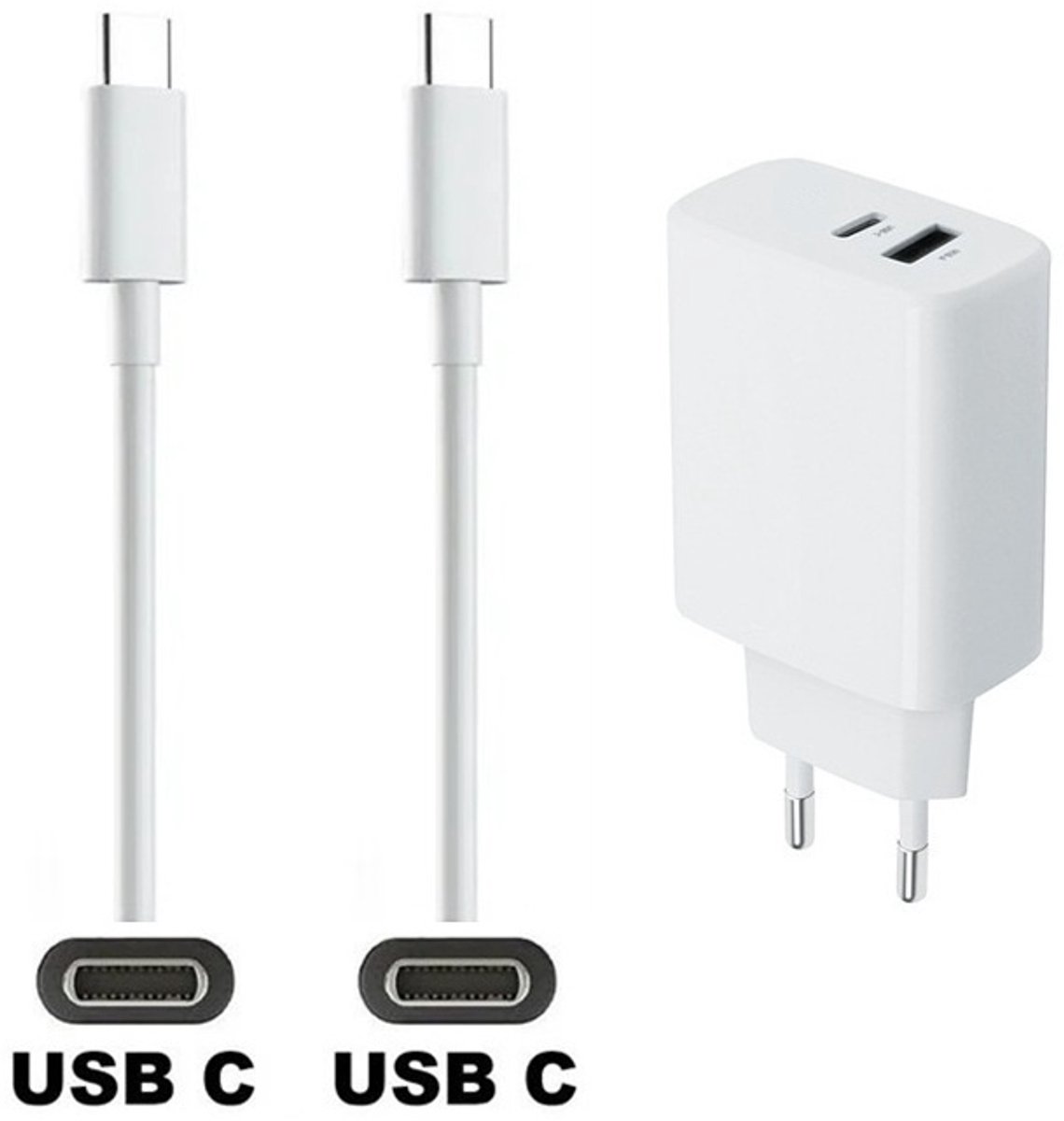 OneOne 25W super snellader met 2 poorten. Oplader met sterke 1,5m USB C naar C kabel. PD lader adapter past op Apple iPhone 16 Pro Max, iPhone 16e, iPad 9, iPad 10, iPad Air 4, iPad Air 5, iPad Mini 6, iPad Pro 11, iPad Pro 12.9