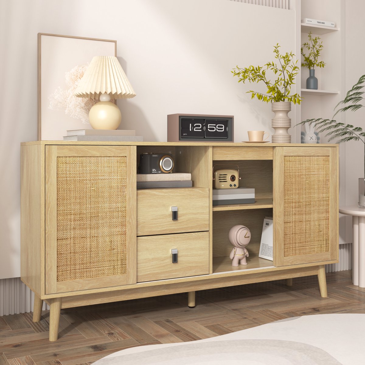 OKWISH Dressoir – 2 Lades – 3 Schuifdeuren Van Echt Rattan – Ruime Opbergruimte Voor Woonkamer/Eetkamer/Hal – 155 x 38 x 80 cm – MDF;Spaanplaat – Massief Houten Poten – Notenbruin Houtkleur