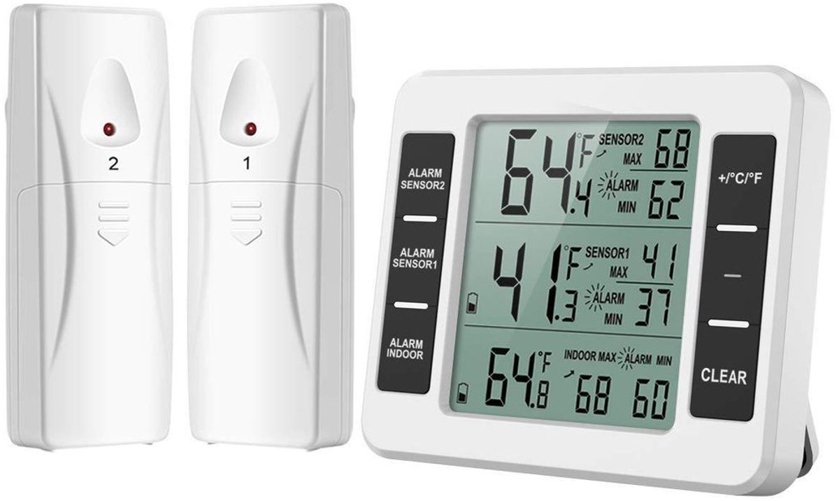 Koelkast-/vriezerthermometer, digitale interne temperatuursensor, waterdicht, met 2 draadloze sensoren.