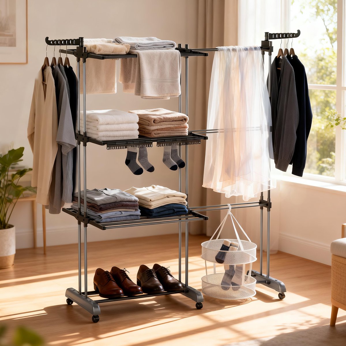 Soontrans Metalen Wasrek Met Wielen – Inklapbaar & Uitschuifbaar, 3 Verdiepingen Droogtoren 66x50x170cm, Multifunctioneel Voor Binnen/Buiten/Balkon, Stevig en Langleven, Inclusief 2 Sokkenclips en 1 Dubbellaagse Droogmand (Grijs)