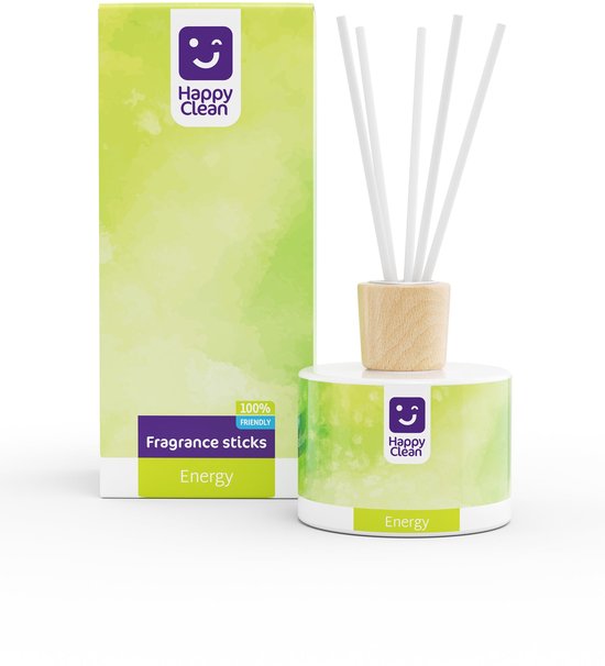 Happy Clean 'Energy' geurstokjes en verpakking. De diffuser heeft een groen vlekkerig design met 'Energy' label.
