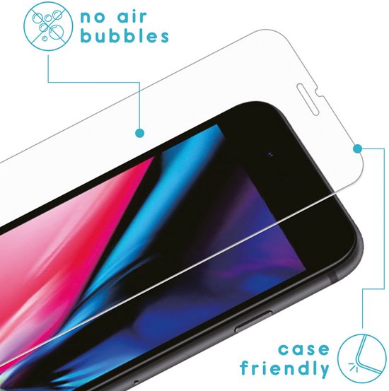 Écran d'un smartphone avec protecteur d'écran, avec le texte 'no air bubbles' et 'case friendly'.