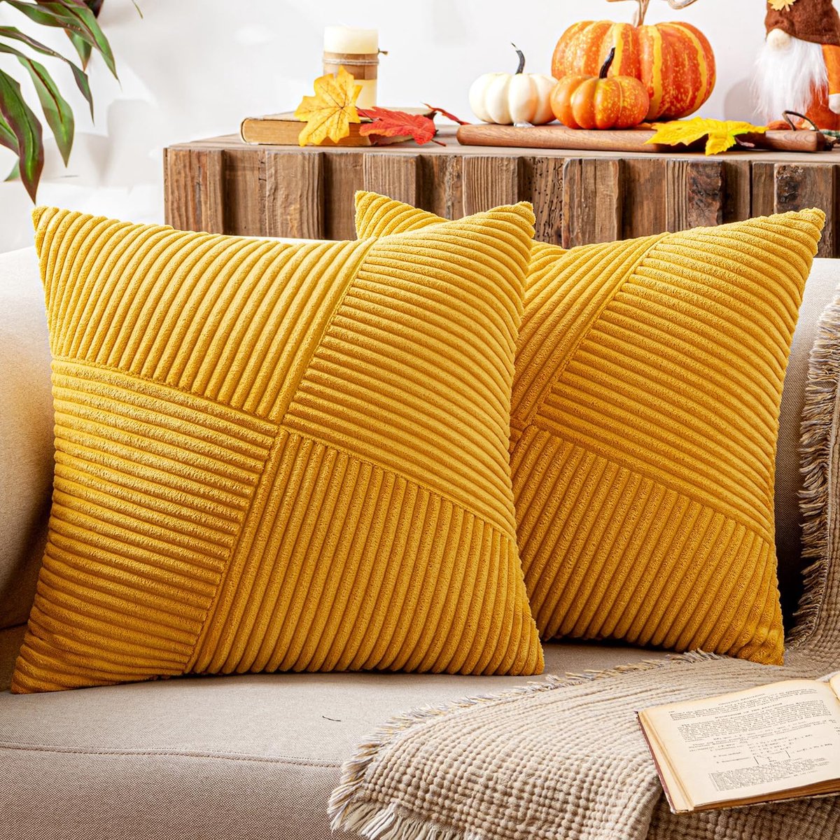 Famanu Corduroy ribfluweel kussenhoezen set van 2 (50x50 cm) – Euro design – zachte decoratieve sierkussenhoezen – neutraal gember