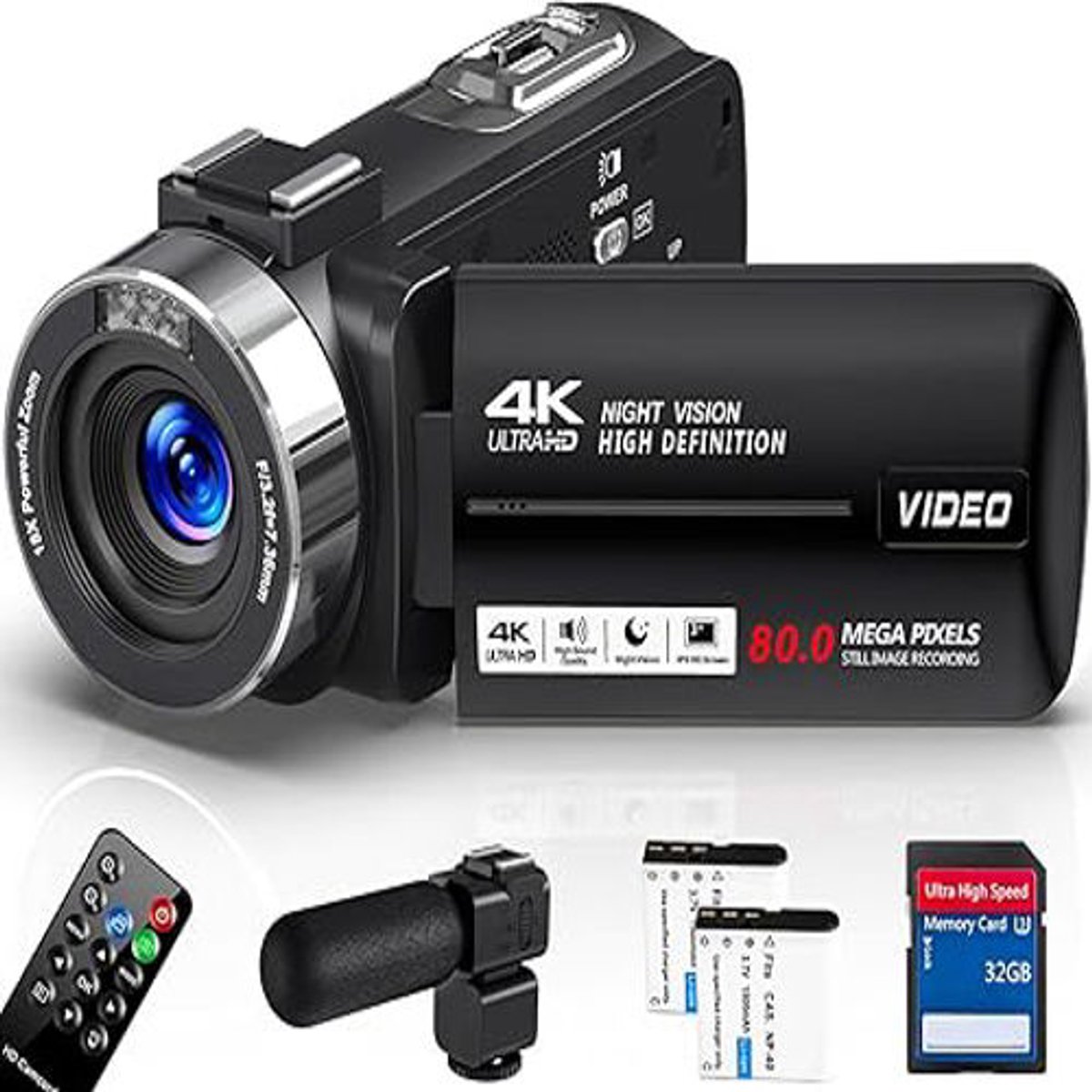 Thuys 4K Videocamera 30 FPS – 80 MP – 18x Digitale Zoom – IR Nachtzicht – Vloggingcamera met Microfoon, Afstandsbediening & 32 GB SD-kaart
