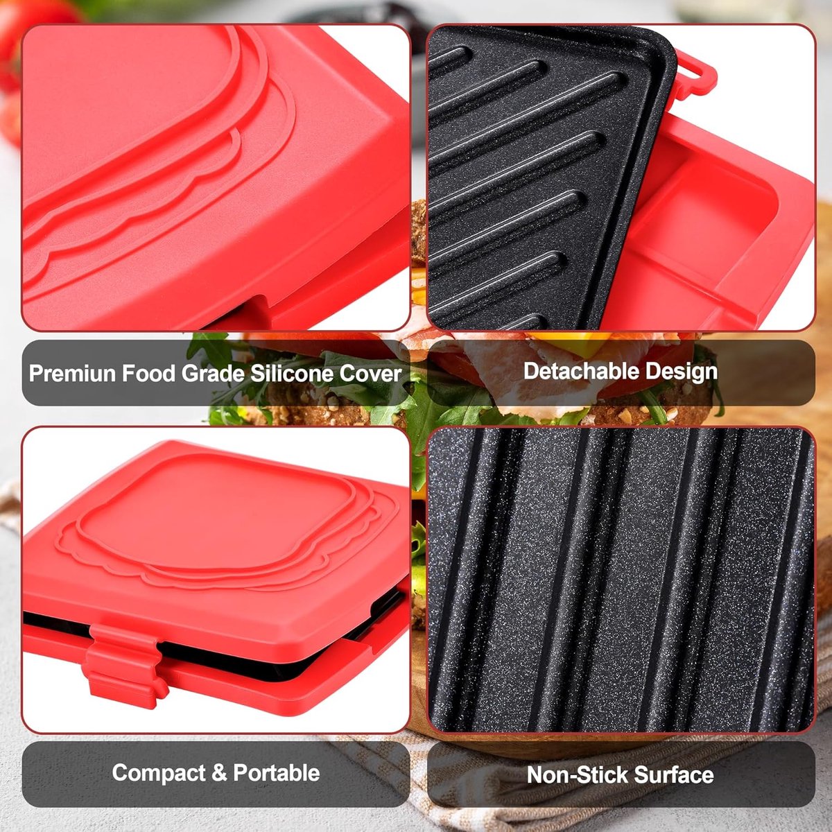 Tosti Apparaat - Sandwich Maker - Tosti Broodrooster - Magnetron Sandwich Maker Silicone - 16 X 16 Cm - Met Verwijderbare Aluminium Platen - Voor Sandwich Home Travel Office Dormitory Rv — afbeelding 3