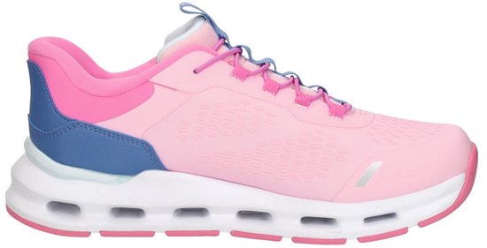 Roze Skechers Slip-Ins sneaker met blauwe en roze accenten. Witte zool met openingen.