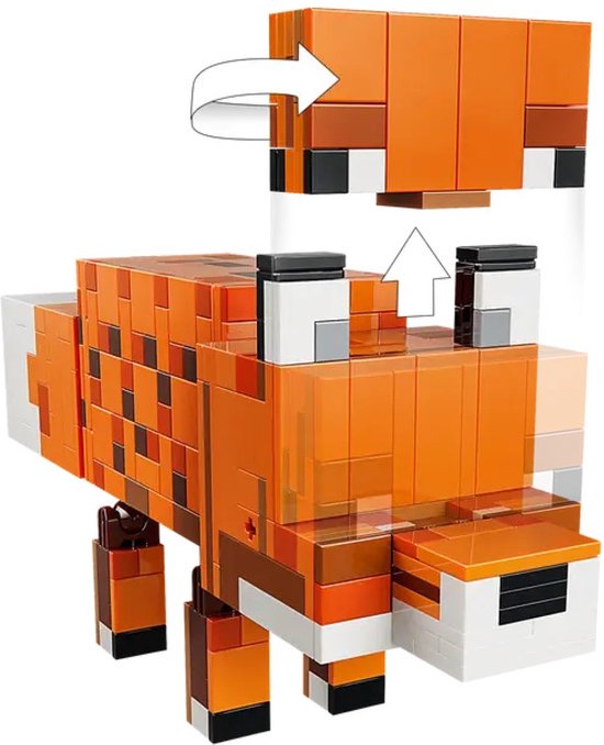 Le renard LEGO Minecraft, orange à taches brunes, queue et pattes blanches. La tête est démontée puis remontée.