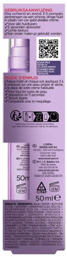 Achterkant van de L'Oréal Revitalift Filler Vloeibare Crème verpakking met gebruiksaanwijzing en ingrediënten.