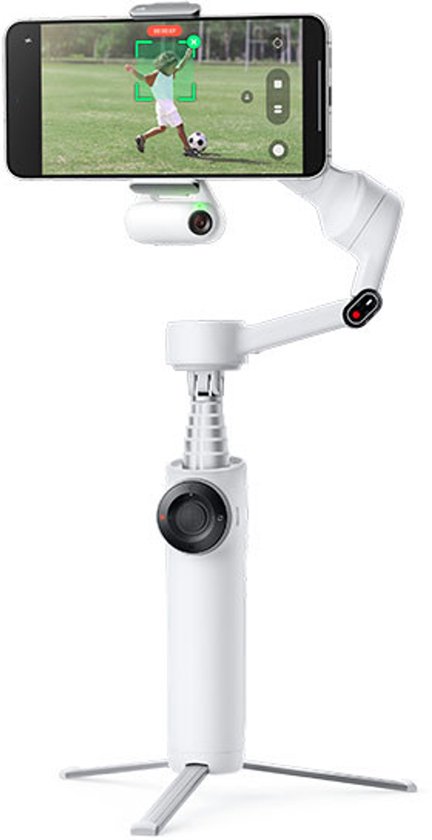 Witte Insta360 Flow smartphone gimbal met telefoonhouder en ingebouwd statief.