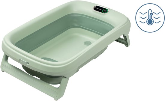 Baignoire bébé pliable vert pâle sur un support avec affichage numérique de la température.