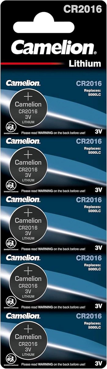 Lithium knoopcelbatterij CR2016 - Set van 5, 3 Volt, 75 mAh voor diverse apparaten