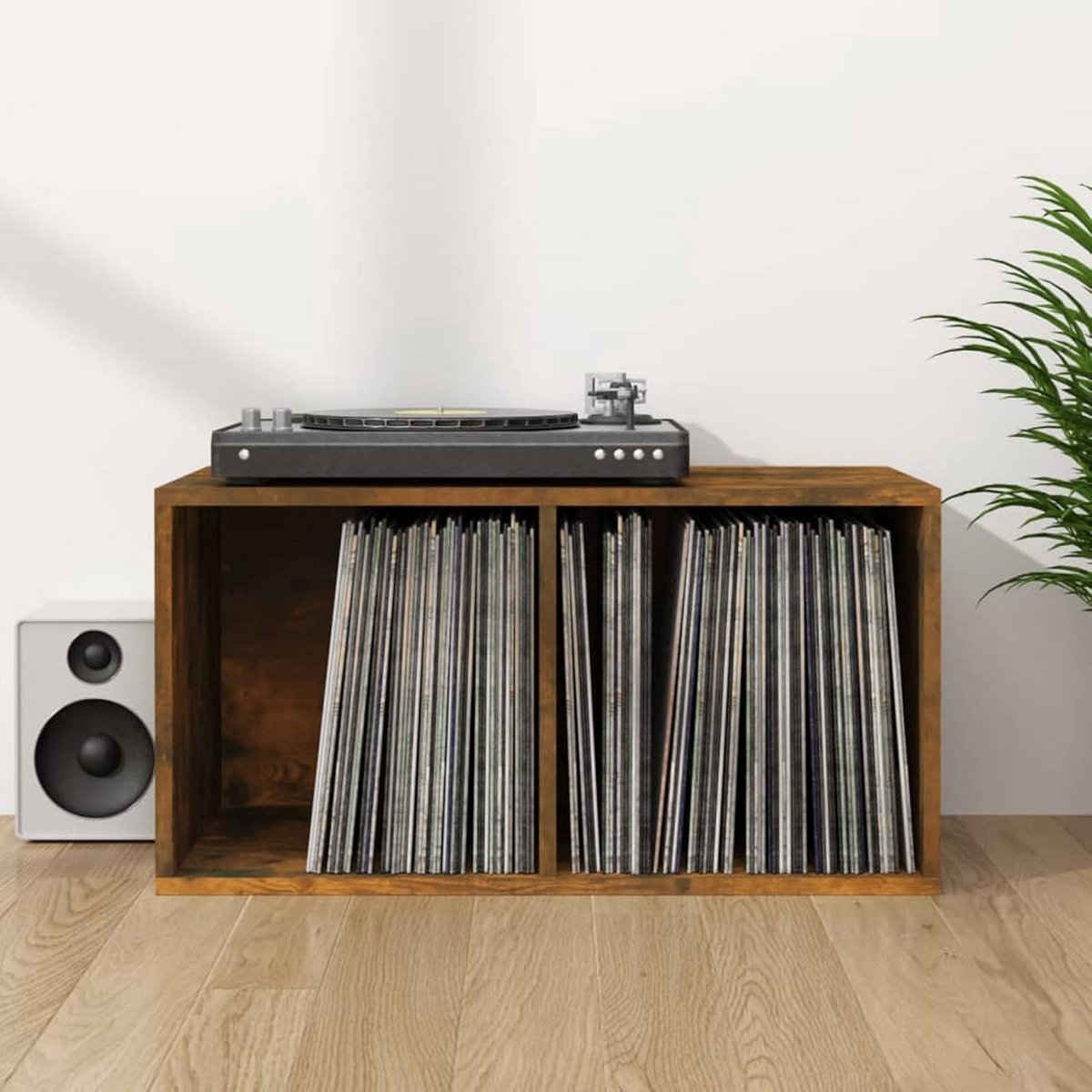 Vinyl Platenset Opslagdoos met 2 Compartimenten van Hout - 71 x 34 x 36 cm