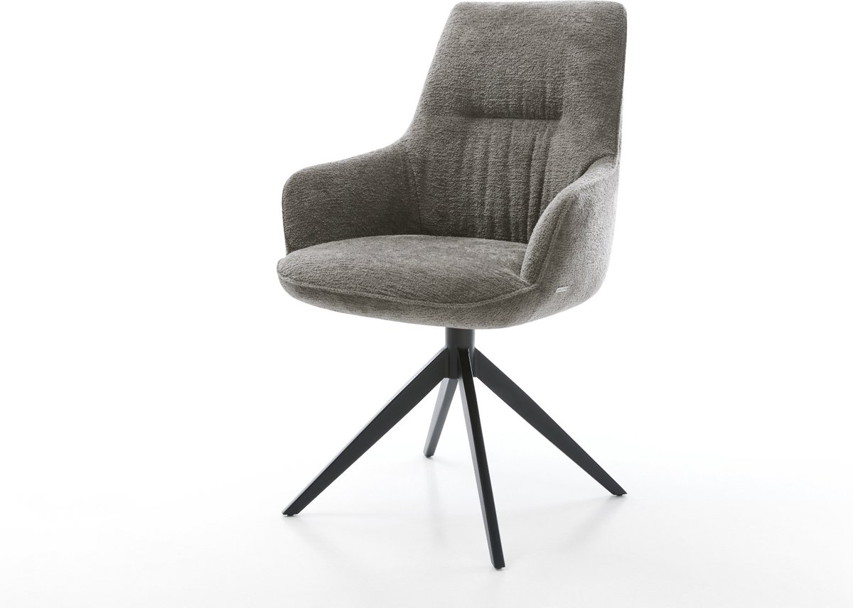 Eetkamerstoel Zelia-Flex met armleuning kruisframe breed zwart bouclé zacht mud 360° draai