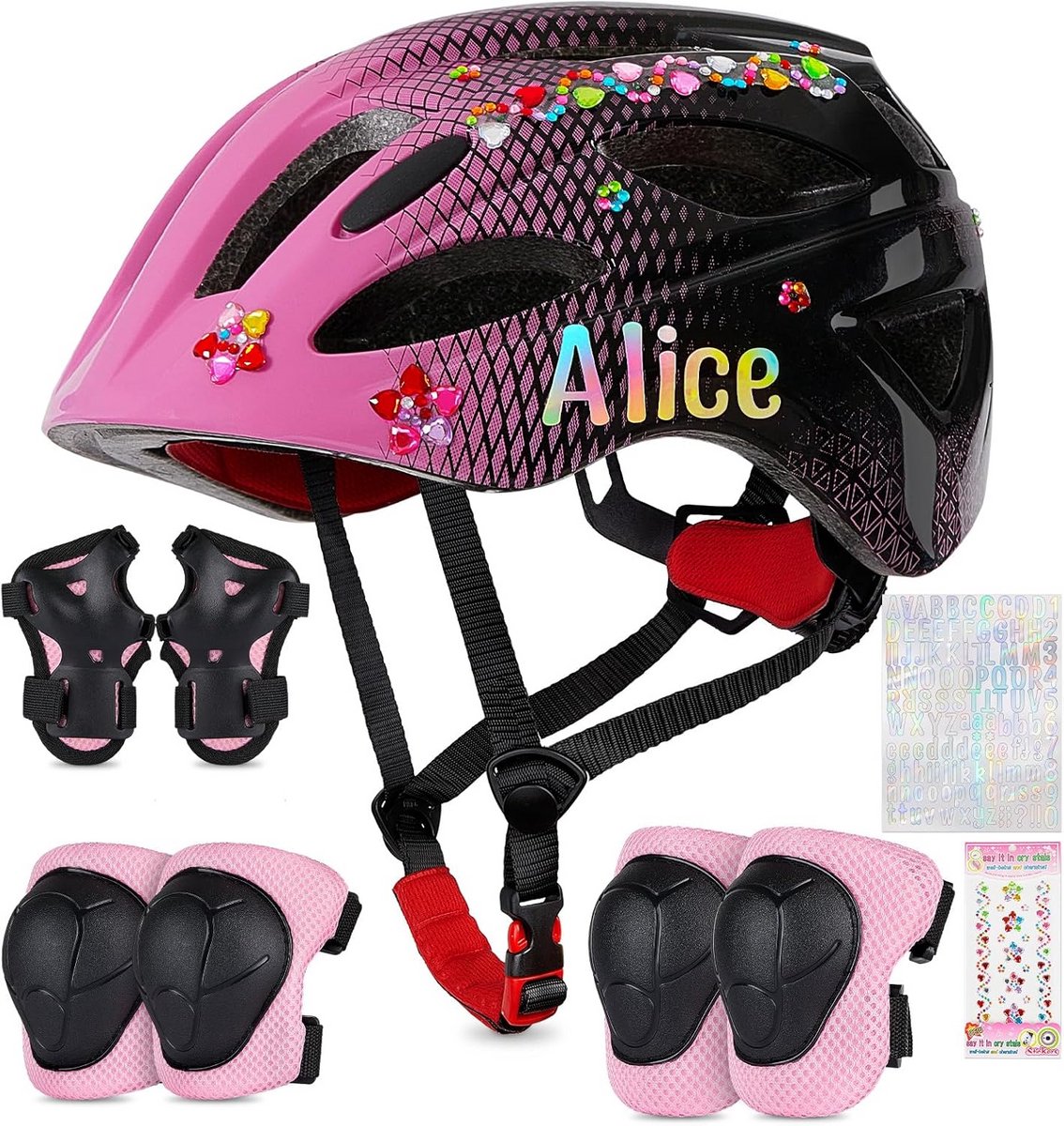 Veiligheidshelm en Beschermset voor Kinderen 3-8 Jaar – Verstelbare Fietshelm met Knie-, Elleboog- en Polsbeschermers, Lichtgewicht en Ademend, Inclusief DIY Stickers