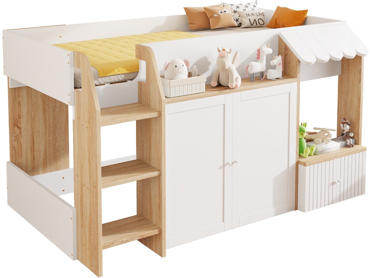 Merax Halfhoogslaper 90x200 cm - Bed in huisvorm - Met opbergruimte en open vakken - Brede ladder - Wit en houtkleur - Houten lattenbodem - Zonder matras