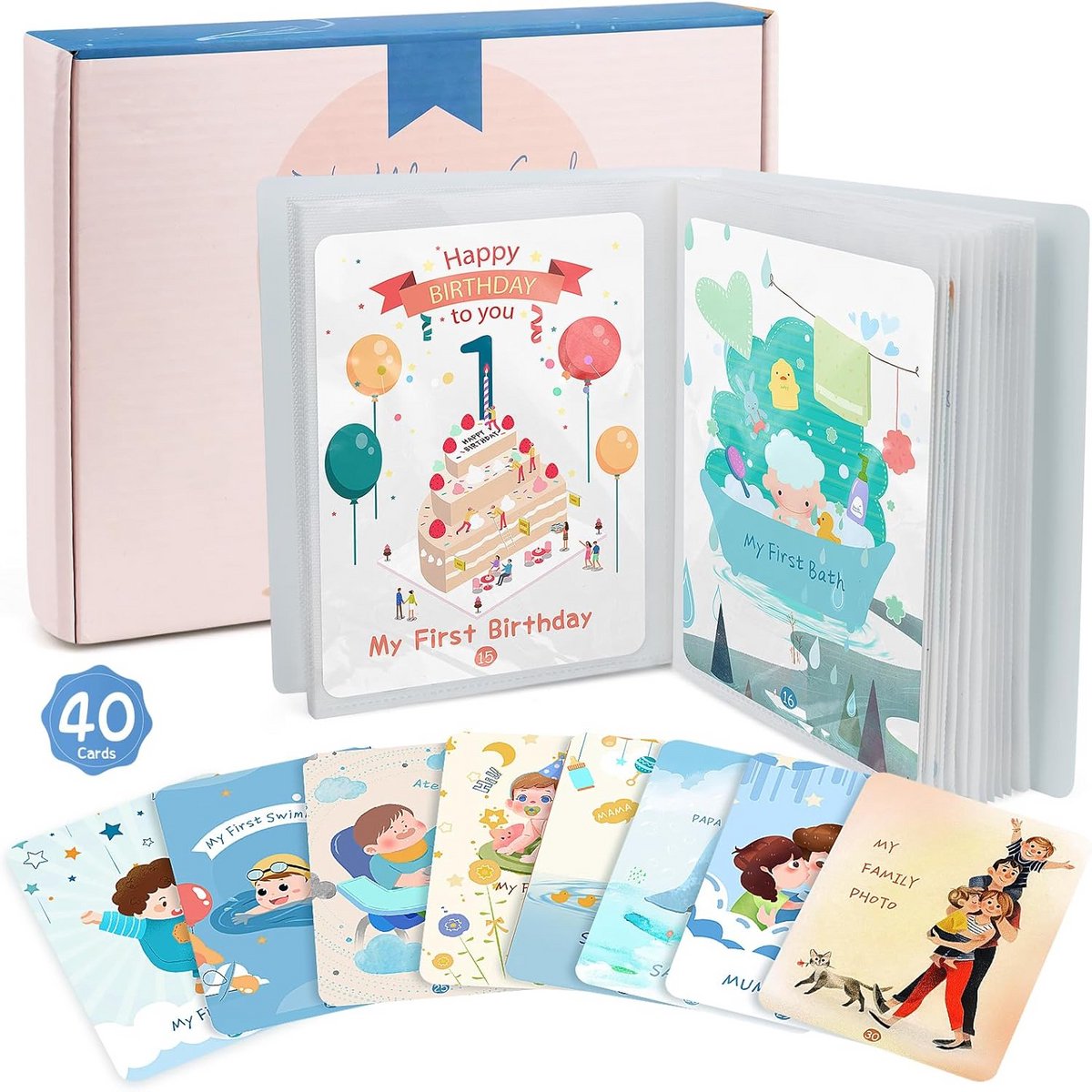 Mijlpaalkaarten voor baby's met extra fotoalbum - 40 kaarten voor mooie herinneringen