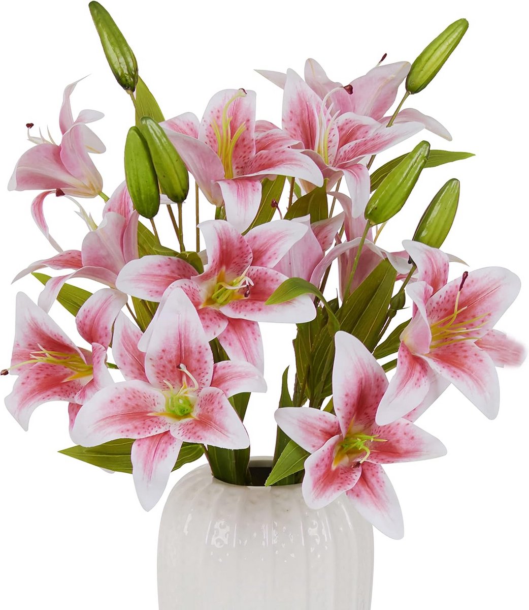 Kunstleliebloemen Set van 6 - 23 Inch Lange Steel Tijgerlelie met 2 Volle Bloemen en 1 Kno