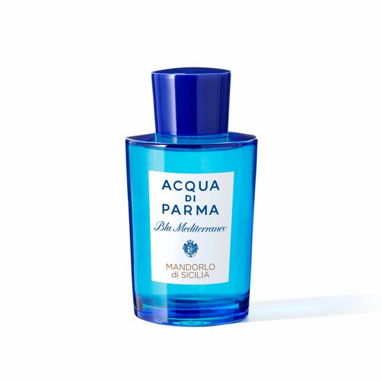 Transparante blauwe flacon met witte label, tekst: ACQUA DI PARMA Blu Mediterraneo MANDORLO di SICILIA.