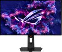 Een ASUS ROG Strix OLED gaming monitor met een dynamische, abstracte wallpaper en een strak, modern ontwerp.