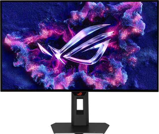 Een ASUS ROG Strix OLED gaming monitor met een dynamische, abstracte wallpaper en een strak, modern ontwerp.
