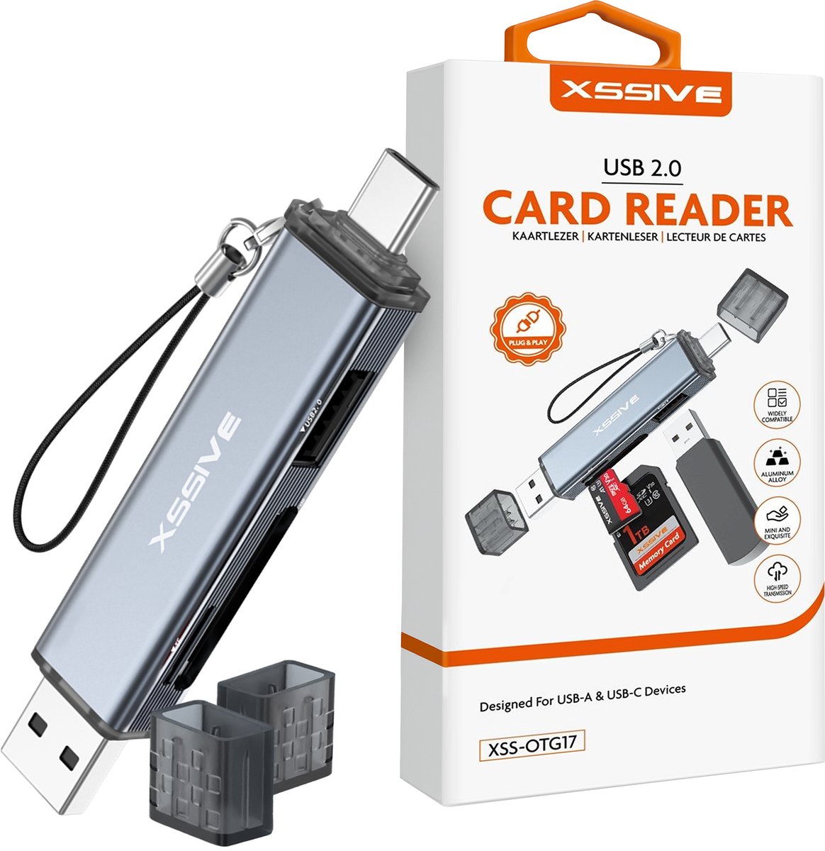 Xssive SD Kaart Lezer - Kaartlezer met USB C & USB A - Geheugenkaartlezer SD, MicroSD & USB Stick - Card Reader voor laptop, tablet & telefoon