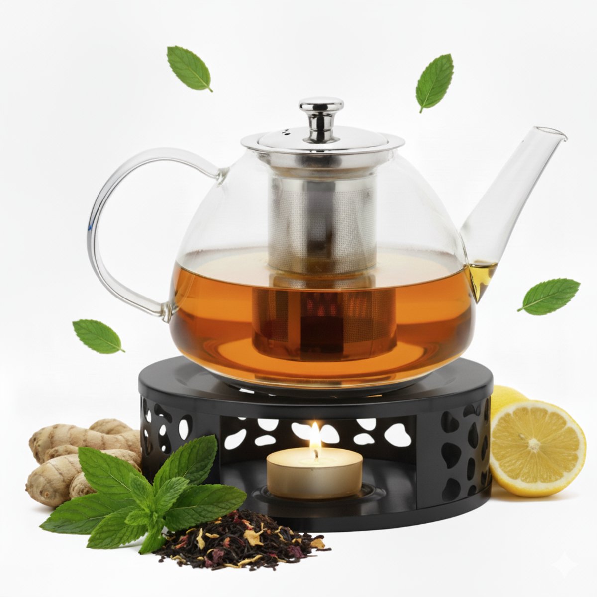 Vaja Glazen Theepot Fay 1.4 Liter met Filter en Warmhouder - Theepot Glas voor Losse Thee en Theebloemen - Tea Maker - Theelicht houder voor Theekan met Zeef - Infuser - Warmer - Zwart