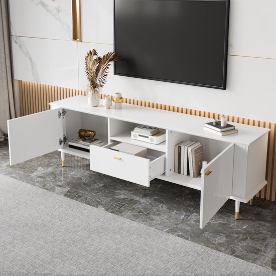 En.casa] TV Meubel Tvedestrand Lowboard Met 2 Schuifdeuren En Open Vakken Kast 140x40x55 Cm Bamboe Metalen Frame Naturel Zwart 1424930400
