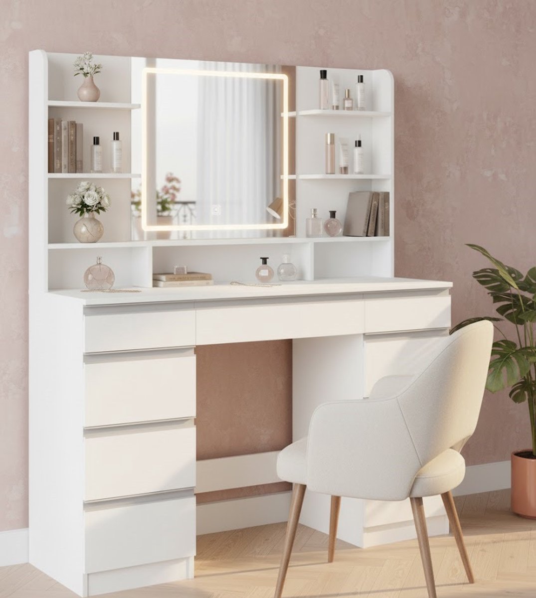 Elegante Luxe Make-up Kaptafel met LED Spiegel, 9 Laden en 9 Open Planken, Verstelbare LED Verlichting – 40 x 107 x 140 cm – Novihome