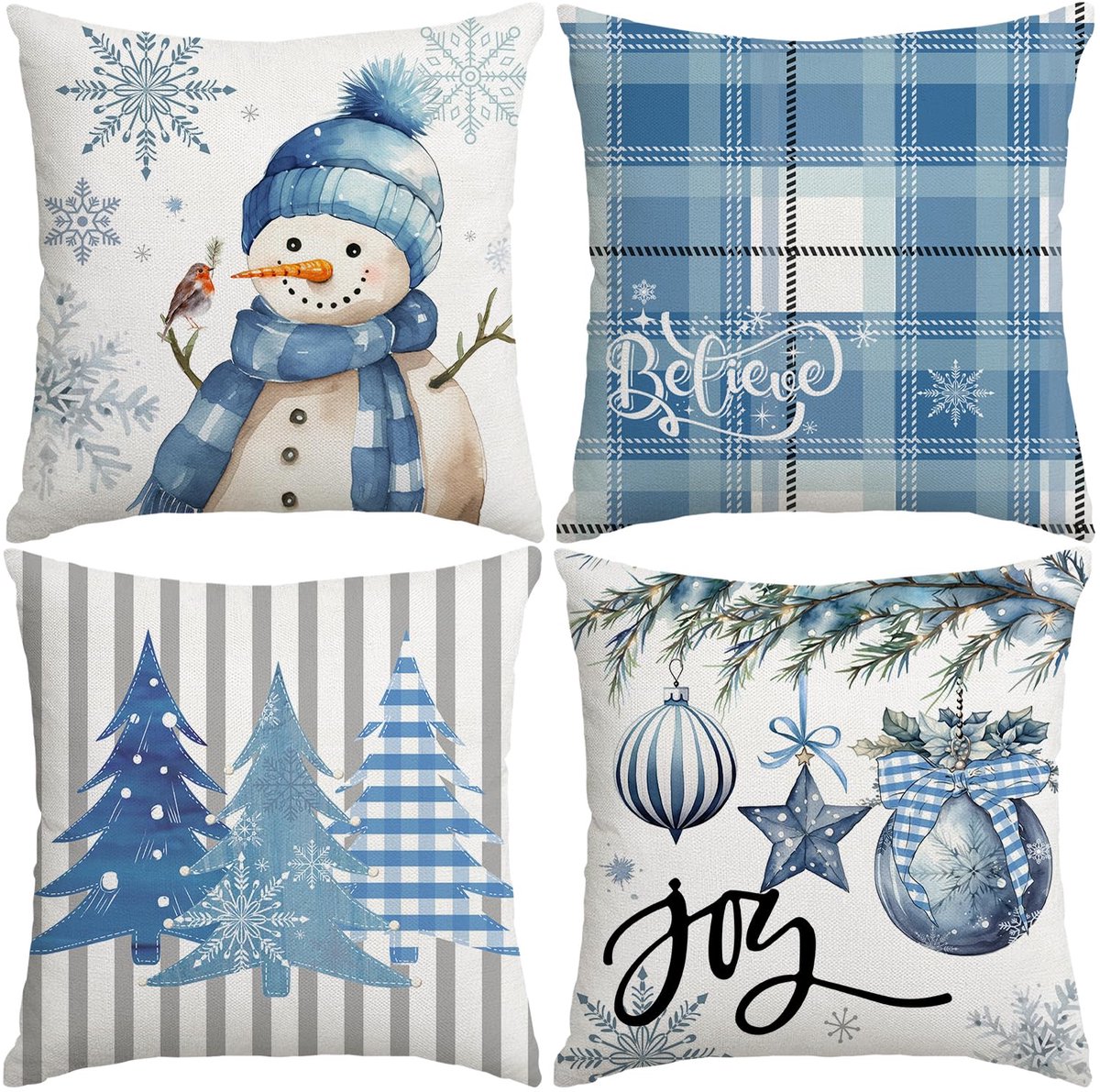 Unyqoos Set van 4 decoratieve kerstkussenslopen voor sfeervolle winterdecoratie Blauw wit
