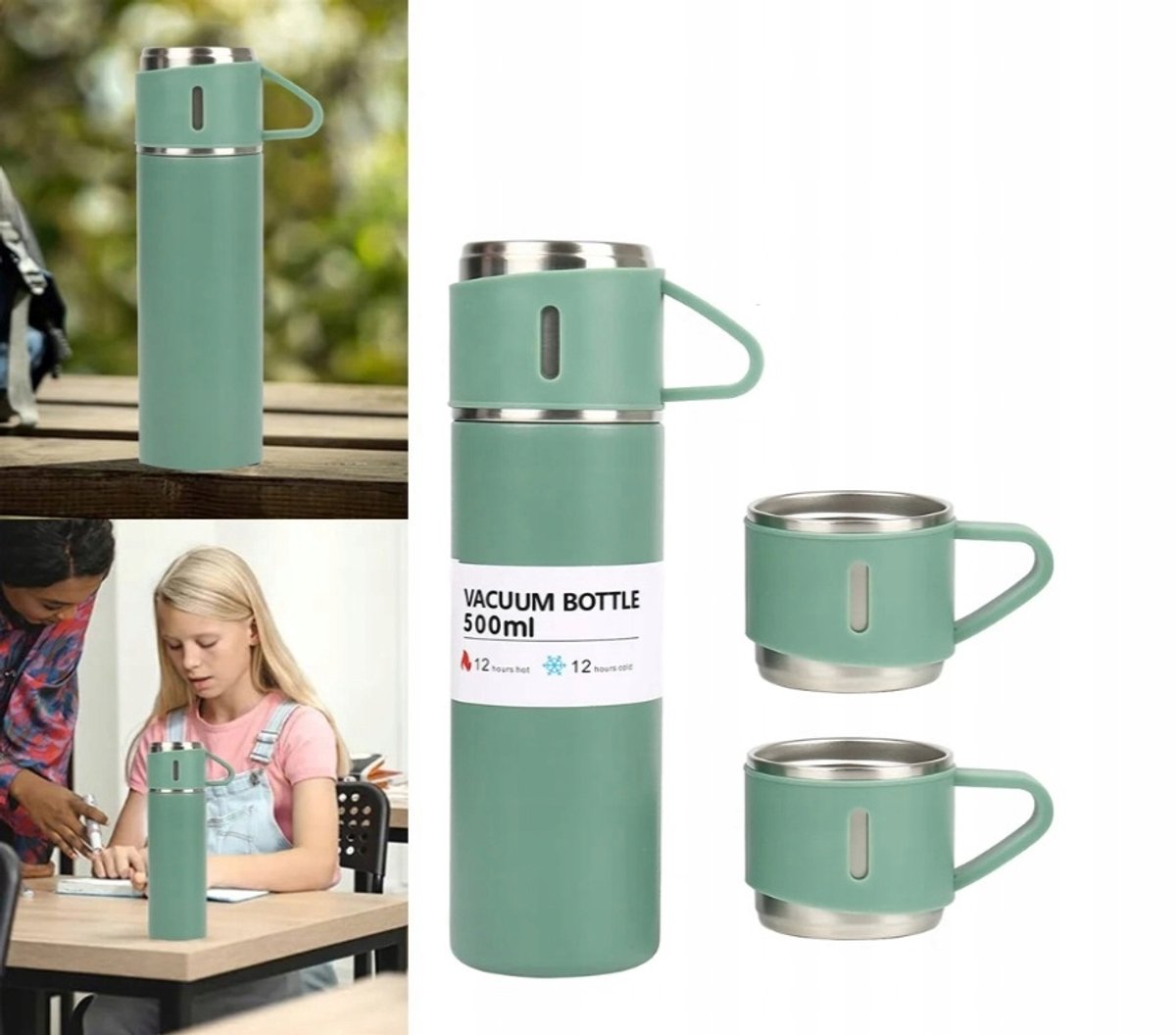 Groene Thermosfles Set 500ml met 3 Mokken - Perfect cadeau