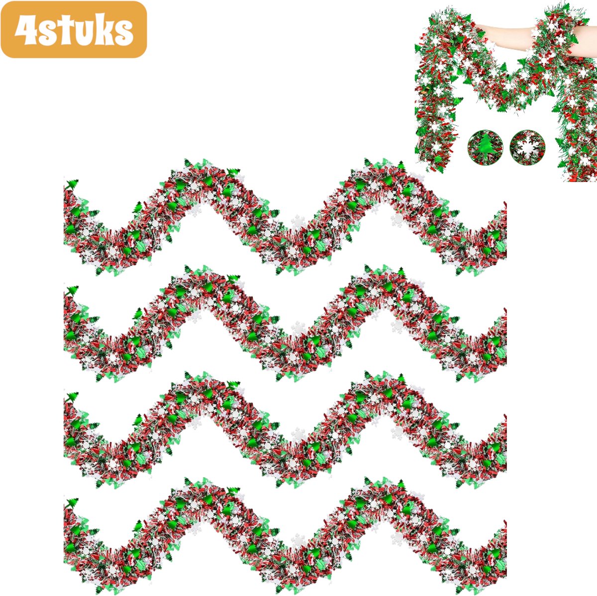 Kerstversiering set met sneeuwvlokken en groene kerstbomen voor feestelijke kerstdecoratie - 4 stuks, 2m lang - Diverse kleuren.