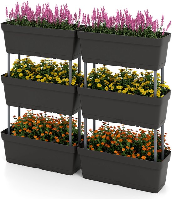 COSTWAY 6 stuks bloembakken, doe-het-zelf design, 49 cm lang, plantenbakken met drainagesysteem, verticaal verhoogd bloembed, plantenbak voor tuin, terras, balkon, kunststof bloempotten (zwart)