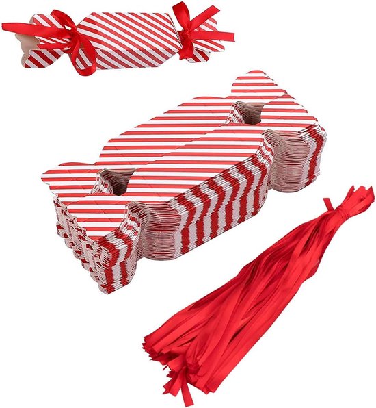 50 pièces - Boîte à bonbons - Boîte cadeau de Noël vide - Avec ruban rouge - Convient pour les fêtes, anniversaires, mariages, baptêmes et autres événements - Rouge
