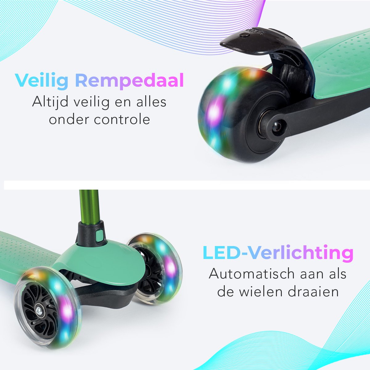 LifeGoods Kinderstep - Step 2-5 Jaar - 3 Lichtgevende LED Wielen - Hoogte Verstelbaar - Jongens/Meisjes - Muntgroen — afbeelding 8